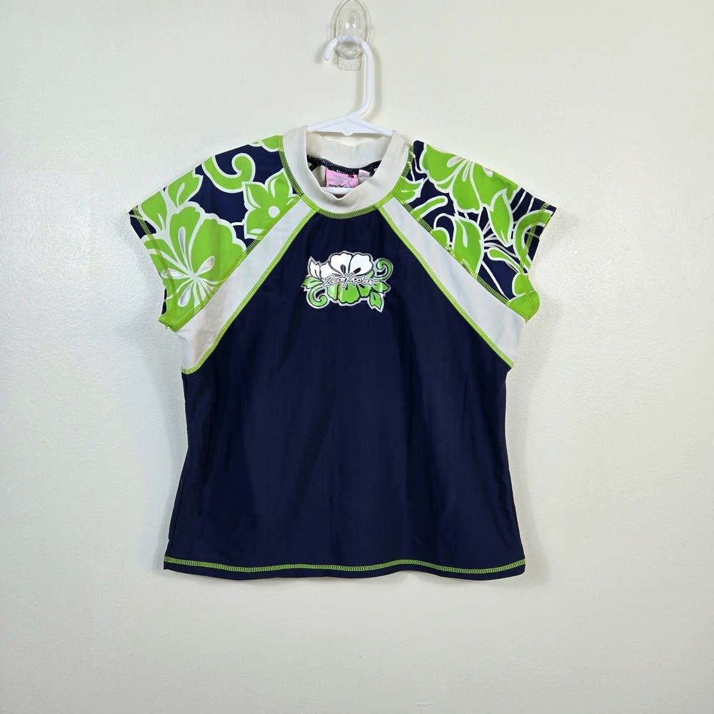 ZeroXposur Girls Navy Green Tropical Short Sleeve Y2K Beach Rash Guard 16 Floral